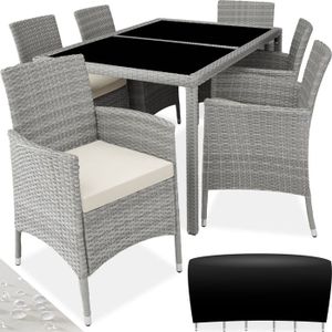 Ensemble table et chaise de jardin TECTAKE Salon de jardin LISBONNE Pour 6 personnes Housse de protection incluse - Gris Clair/Crème