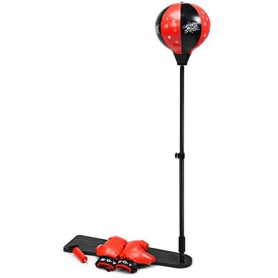 Punching Ball GYMAX Hauteur Réglable Avec Gants - Sac De Frappe Sur Pied Rouge Enfants Et Adultes