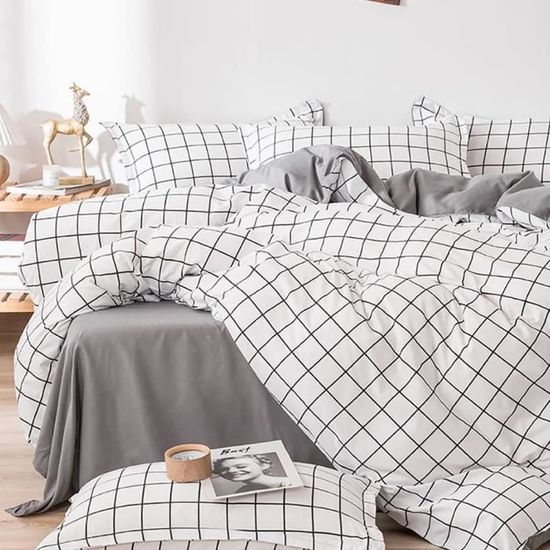 Housse De Couette 140x200 Rose Blanche Carreaux - Parure De Lit Microfibre Douce Vichy Kawaii Pour Enfant Et Adulte
