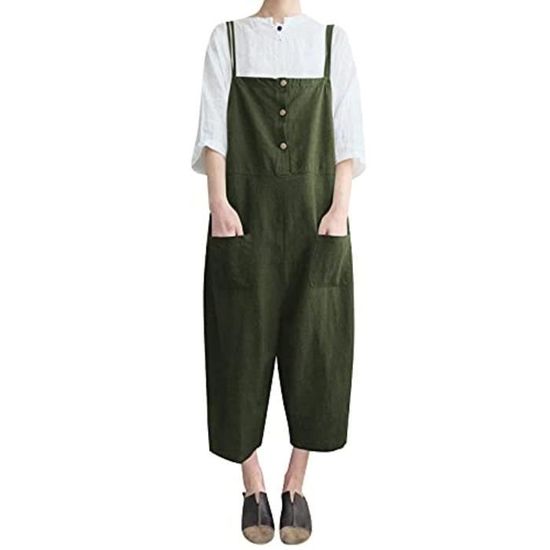 Combinaison Femme Coton Lin - Salopette Sans Manches Bretelles Réglables - Style Vintage Léger - Pantalon Large Été - 4