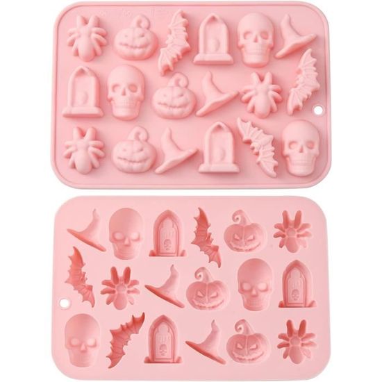 Moule Silicone Crâne Halloween 3D 21 Trous – Rose & Gris – Idéal Bougies, Savons, Chocolats, Résine & Bricolage Créatif