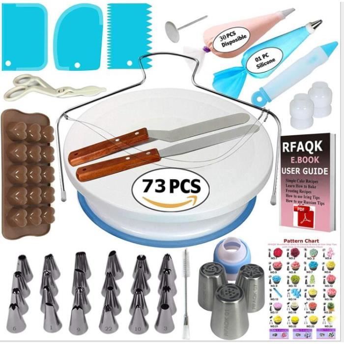 Kit de Pâtisserie avec 73 Ustensiles Plateau Présentoir à Gâteaux Tournant pour Glaçage et Déco, Poches et Douilles, Spatules, Corne