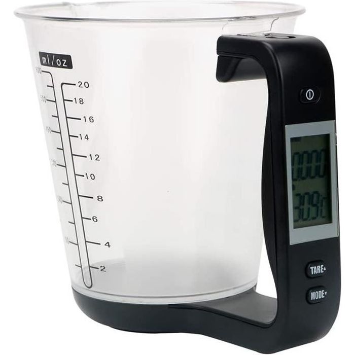 Verre doseur numérique multifonction - Verre mesureur de température - Balance de cuisine - Affichage LCD - Plastique (noir)