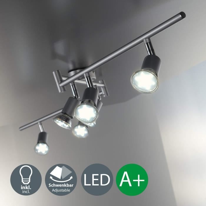 B.K. Licht plafonnier 6 spots orientables avec ampoules LED GU10, spots plafond, éclairage intérieur salon salle à manger cuisine