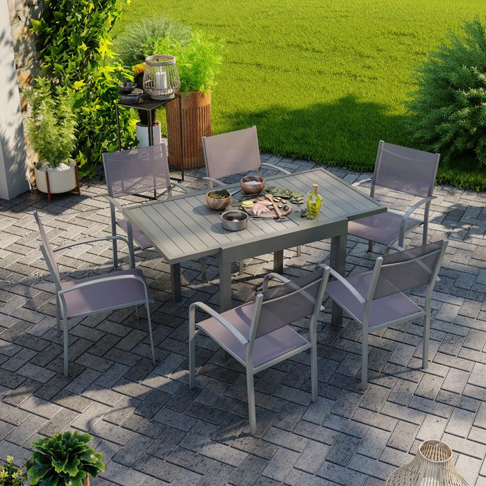 Table de jardin extensible aluminium 83/145cm + 6 fauteuils empilables textilène gris taupe - MILO