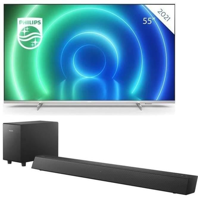 PHILIPS Pack TV LED UHD 4K 55PUS7556 - 55- (139cm) - Smart TV + TAB5305 - Barre de son Bluetooth 2.1 - HDMI ARC - 2 x 15 W - Noir