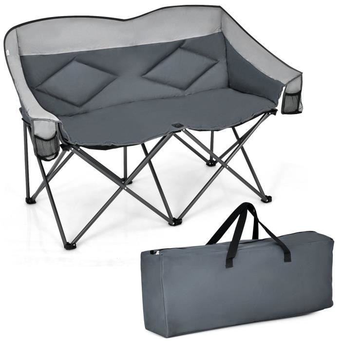 COSTWAY Chaise de Camping Pliante 2 Places Charge 226KG avec Siège Rembourré et 2 Poches de Rangement, pour Pêche, Pique-nique, Gris