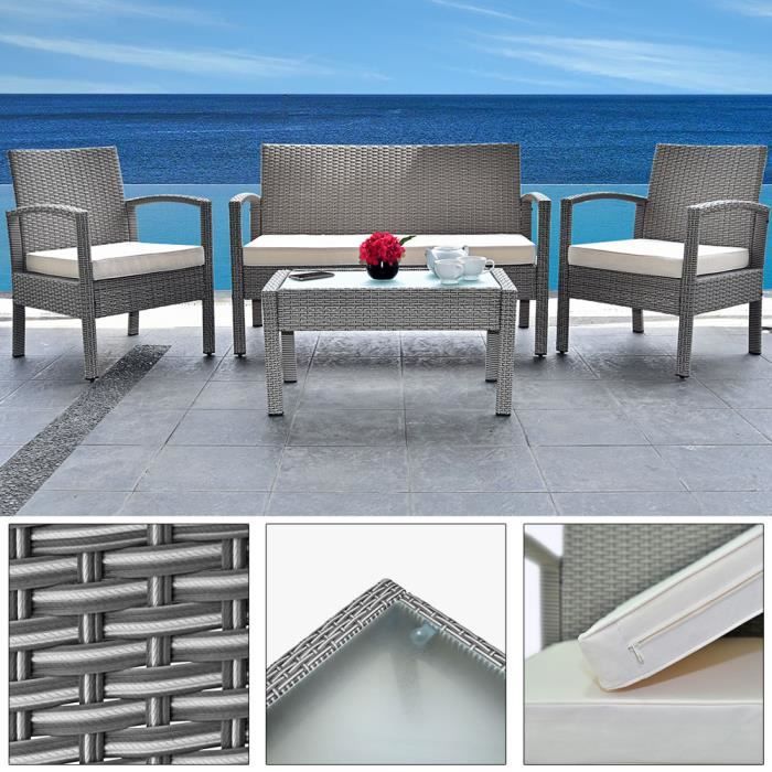 DEUBA - Salon de Jardin - Polyrotin • set complet + coussins - Gris - Résistant intempéries et UV, canapé, fauteuils, mobilier