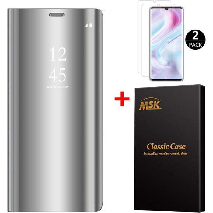Coque Xiaomi Mi Note 10 + [2 Pack] Verre trempé, Miroir Case Avec Stand Flip Protection Pour Xiaomi Mi Note 10 - Silver