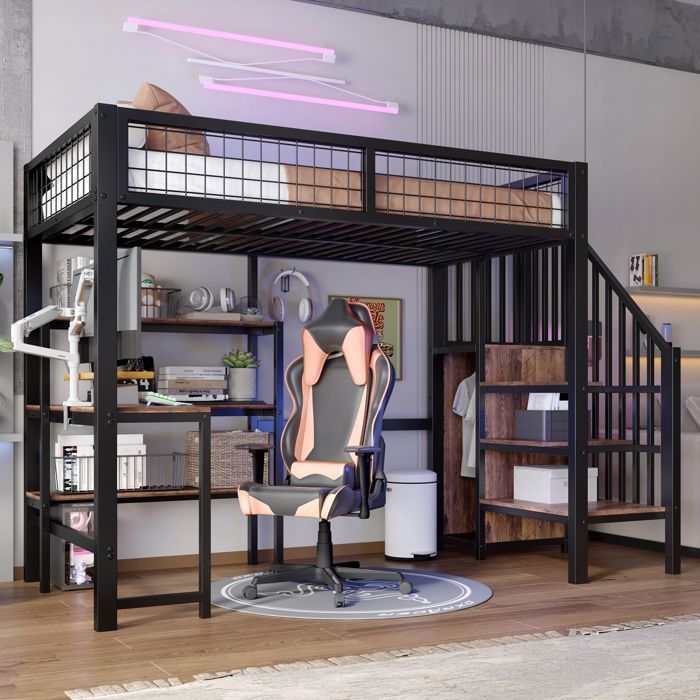 Lit mezzanine - Noir - 90x200cm - Métal - 3 étagères - Armoire intégrée