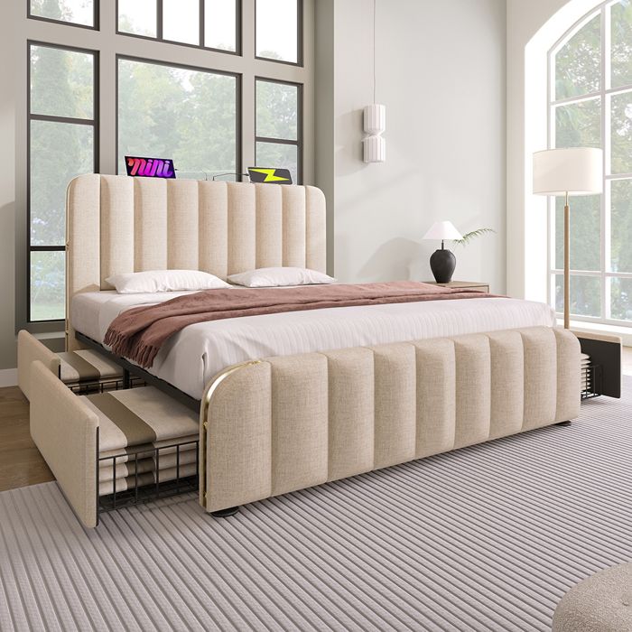 Lit 160x200 cm Lit avec 4 tiroirs Lit rembourré Double - fonction de chargement USB Type-C - SWEIKO - Beige Lit 160x200 cm Lit avec 4 tiroirs Lit rembourré Double - fonction de chargement USB Type-C - SWEIKO - Beige
