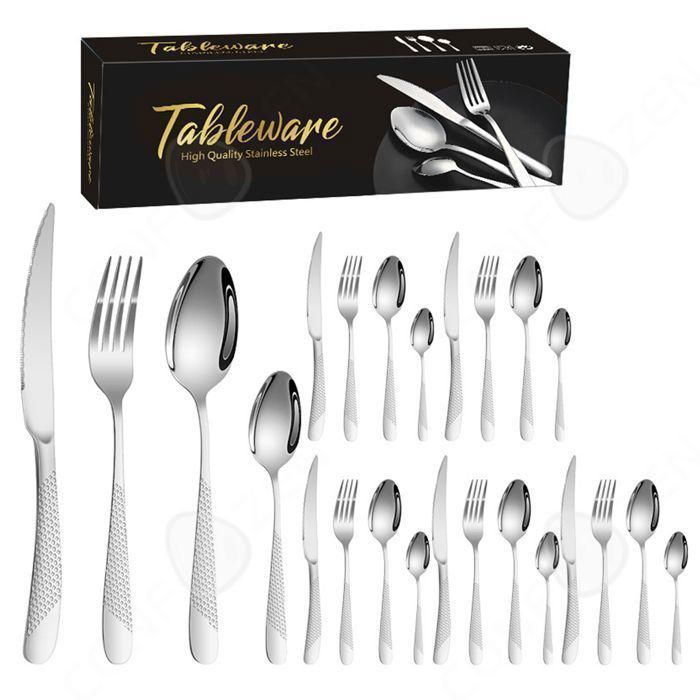 Grand ensemble de couverts en acier inoxydable argenté, couteau, fourchette et cuillère 24 pièce assiette à collation en forme d'œuf Grand ensemble de couverts en acier inoxydable argenté, couteau, fourchette et cuillère 24 pièce assiette à collation en forme d'œuf