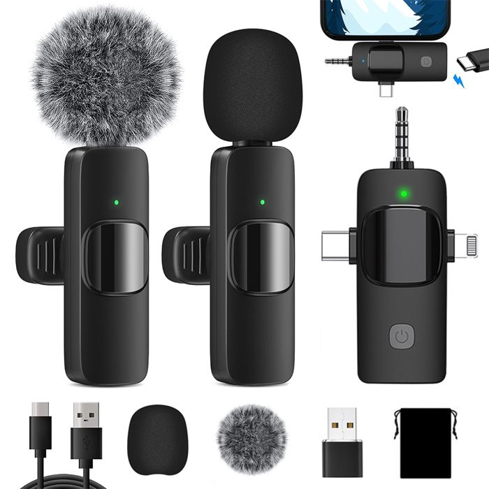 Micro Cravate Sans Fil Pour Iphone/Android/PC/Camera,Mini Micro à Double Revers,Wireless Microphone Lavalier Lapel Avec Réduction Du Bruit Plug-Play