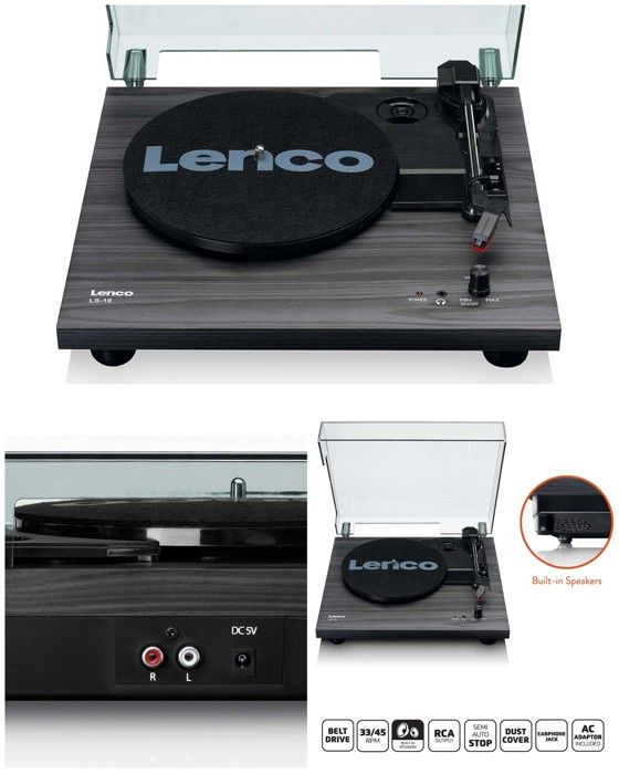Platine DISQUE Vinyle bois 33 45 Tours St&eacute;r&eacute;o Semi-automatique RCA 2 haut-parleurs int&eacute;gr&eacute;s