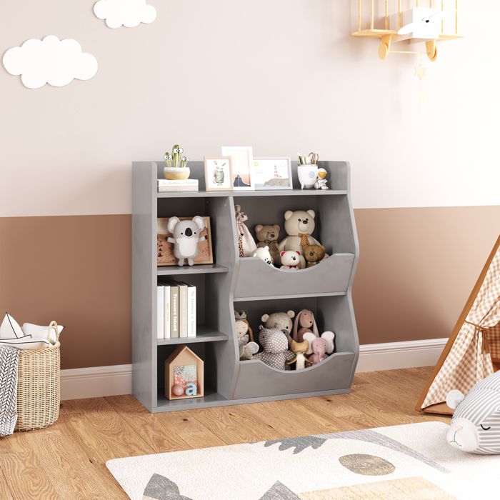 Bibliothèque Enfant Étagère à Jouets pour Enfant Presentoir Livre avec 6 Compartiments GRIS 81x30x92cm