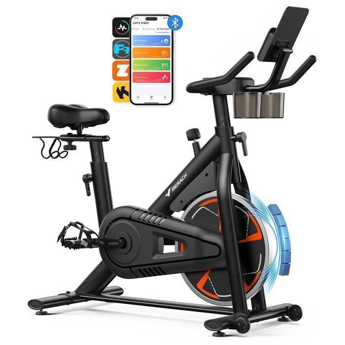 Vélo dappartement Magnétique - MERACH - 8 niveaux - Guidon/Selle Ajustables - APP Exclusive/Bluetooth - Porte-bouteille