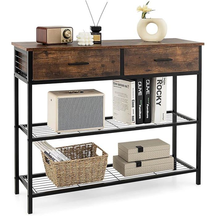 GIANTEX Table Console Table dEntrée avec 2 Tiroirs et 2 Étagères Ouvertes Cadre Métallique pour Chambre Salon 100x30x81 cm GIANTEX Table Console Table dEntrée avec 2 Tiroirs et 2 Étagères Ouvertes Cadre Métallique pour Chambre Salon 100x30x81 cm