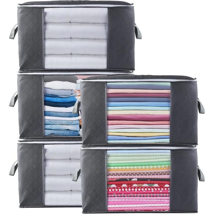 Rangement pliables pour vêtements avec poignée renforcée et fermeture éclair robuste pour vêtements literie etc - 5 pièces Gris