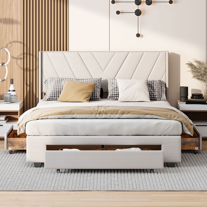 Lit Double Capitonné 160x200 Cadre de Lit avec 3 Tiroirs de Rangement pour Chambre Adulte Sommier Inclus
