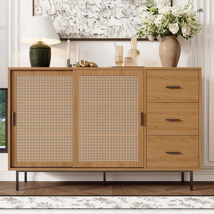 Buffet bas - MODERNLUxE - Campagnard - 2 portes coulissantes - 3 tiroirs - Naturel Buffet bas - MODERNLUxE - Campagnard - 2 portes coulissantes - 3 tiroirs - Naturel