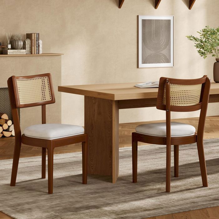 Lot de 2 chaises de salle à manger - Dossier en rotin - Tissu de lin - Bois massif - Marron