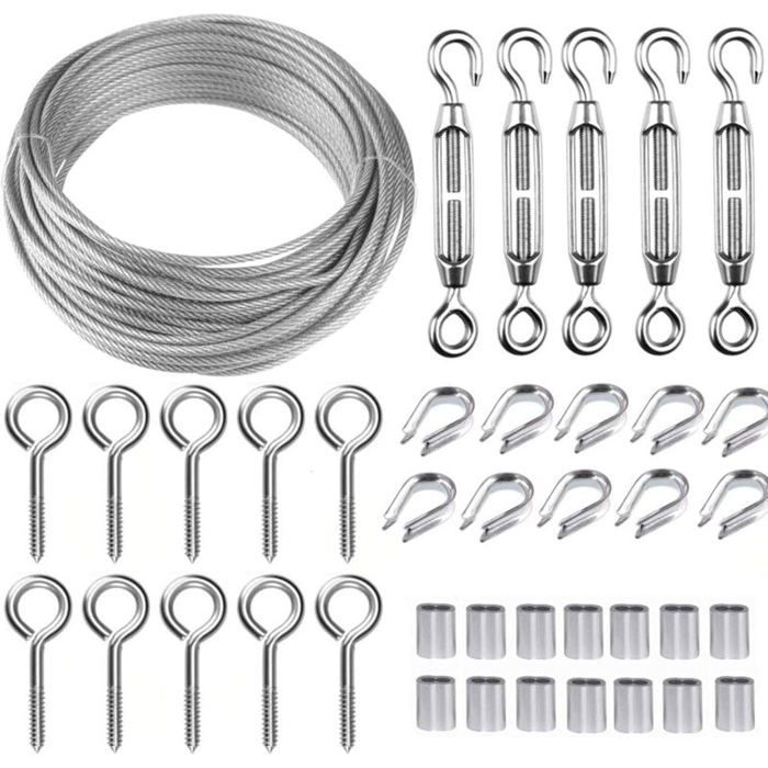 Kit de câble en acier - PZCC - 30 m (2 mm) - Inox 304 - Tendeurs M5 - Crochets à œil
