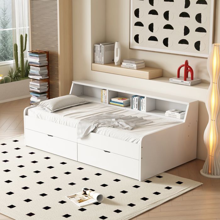 Lit coffre 90x200 cm blanc en pin et MDF design minimaliste 2 tiroirs XL et 3 niches latérales