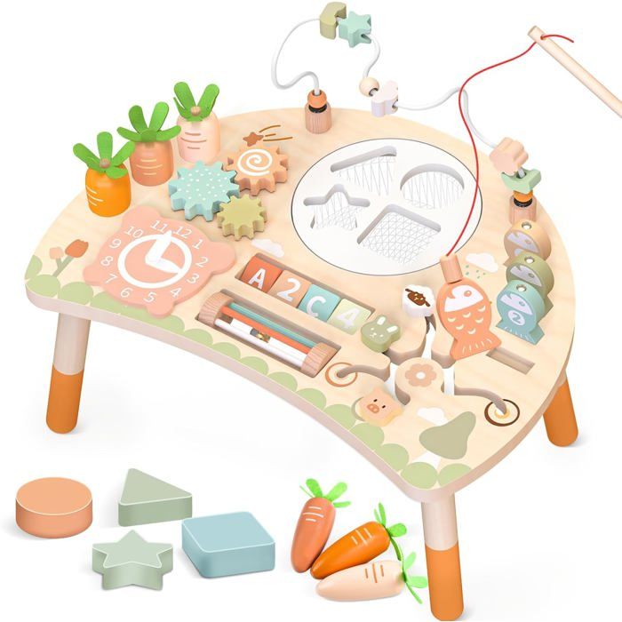 Table dactivités en bois pour bébé - 9 en 1 Montessori - Trieur de formes - Labyrinthe de perles - Bois durable