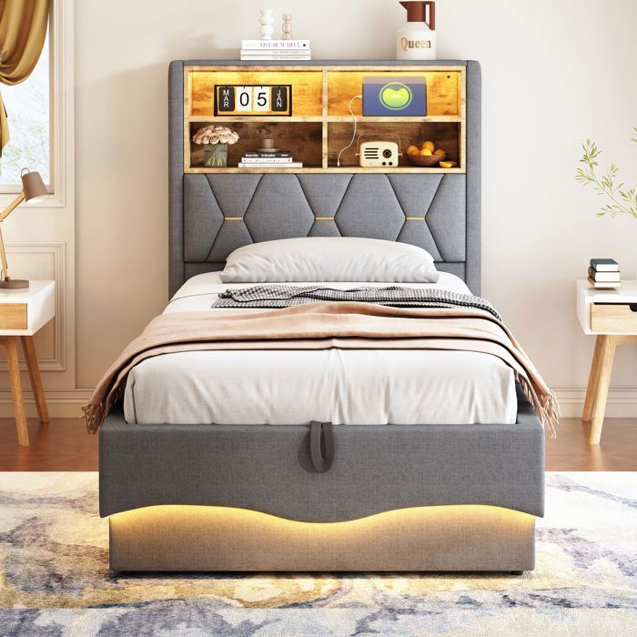 Lit Coffre 90x200cm avec Rangement LED et USB pour 1 Personne Lit Rembourré avec Rangement Tête de Lit et Cadre Métal Lin Gris