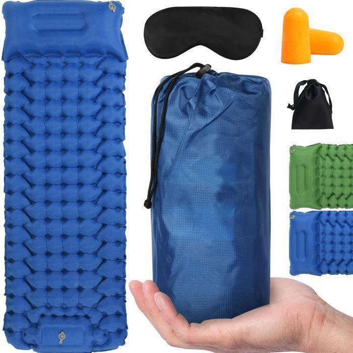 Matelas Gonflable Camping 1 Personne - Pompe à Pied Intégrée Compact & Portable (193x68x8cm) - pour Tente Plage Voyage - Bleu