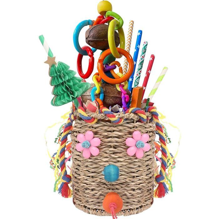 Jouets pour oiseaux en jonc de mer Jouet pour oiseaux avec blocs de bois colorés et froissés en papier et bambou Multicolore JOUET
