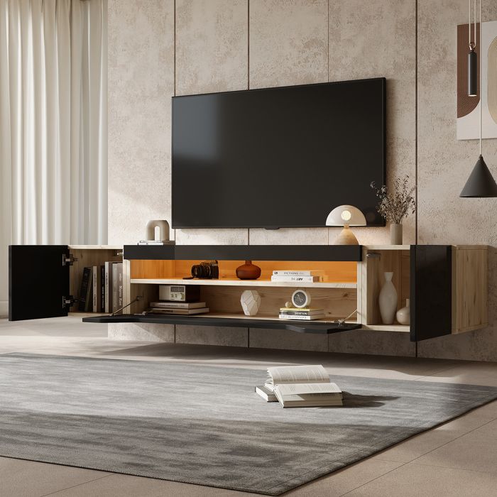 Meuble TV 180 x 37 x 36 cm suspendu trois niveaux haute brillance beige couleur naturelle et noir