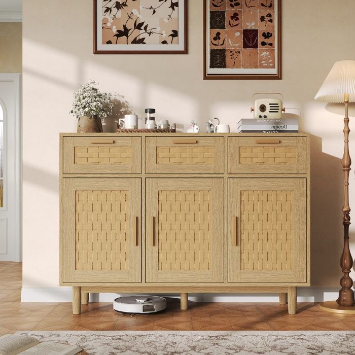 Buffet Bahut - 3 Tiroirs 3 Portes - 107.9 x 40 x 80 cm - Rotin Tressé - Style Scandinave - Rangement Salon Cuisine - en Chêne