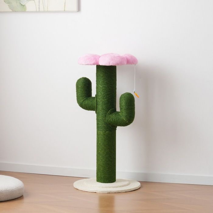 Arbre à chat design cactus - 46x46x90 cm - Griffoir sisal et plateforme fleur - MDF Jute et Tissu - Vert