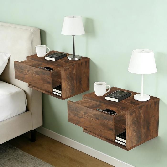 SUPFINE Lot de 2 Tables de Chevet Murales - Tables de Nuit en Panneaux Particules - Tiroir Coulissant - 39 2 × 29 × 22 5cm -Marron