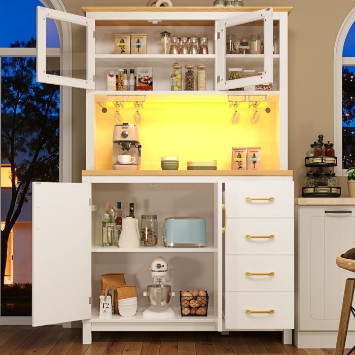 Buffet Haut LED Meuble de Cuisine4 Portes 4 TiroirsPorte-Bouteilles105.5x40x180cm Style CottageBlanc