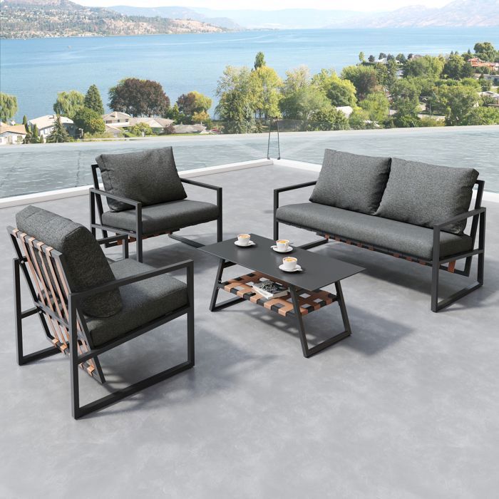 Set Jardin 4 Pers – Noir – PVC Rétro – Canapé + Table – Housses Lavables
