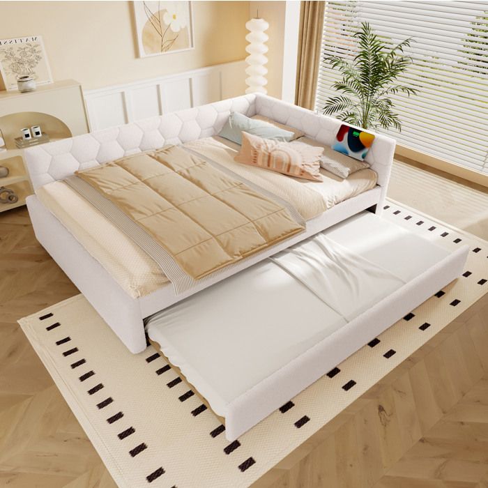 Lit gigogne 2 places 140×200 cm USB Type-C et lampe de chevet - BEAUNIV - sans matelas Vliesimitat et MDF - Blanc