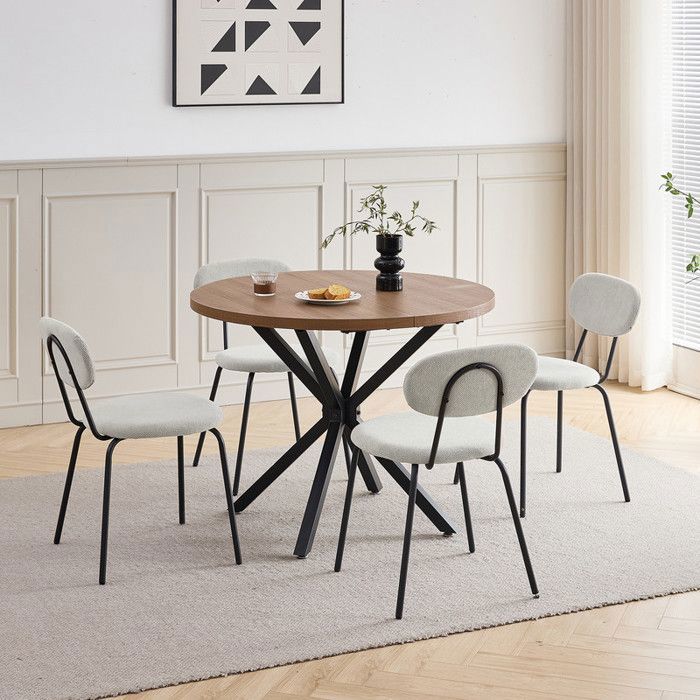 Ensemble table et chaises de salle à manger - Style nordique - Table ronde 100 cm (bois foncé) - 4 chaises - Blanc