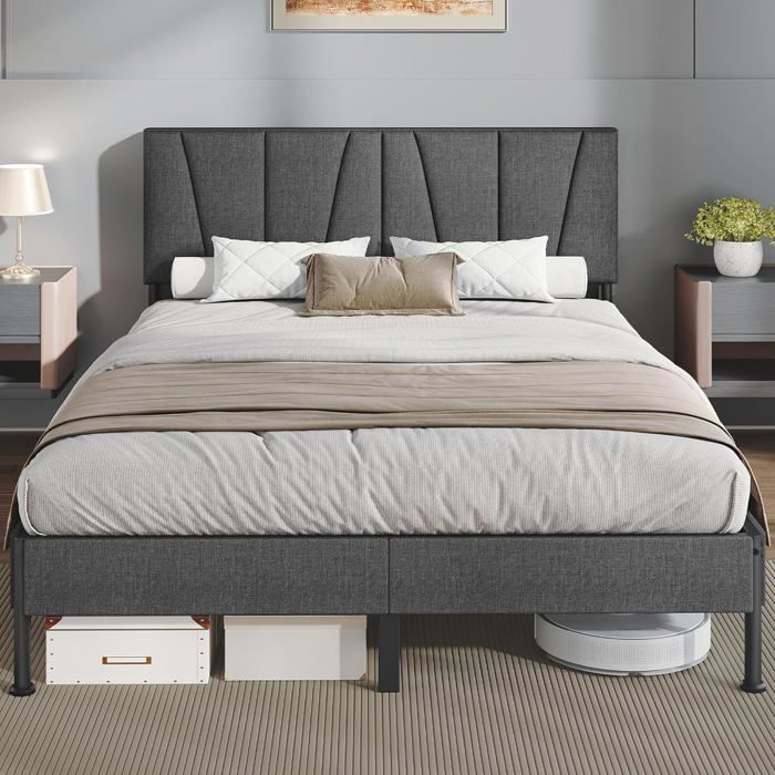 Cadre de Lit 140 × 200 cm Lit 2 Personnes Cadre de Lit Double avec Tête de Lit Rembourrée Gris Foncé