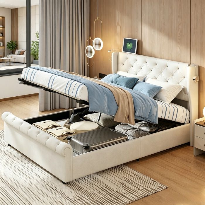 Lit coffre 140x190 cmlit doubleespace rangementlampe lecturecharge USBlit adolescentveloursbeige
