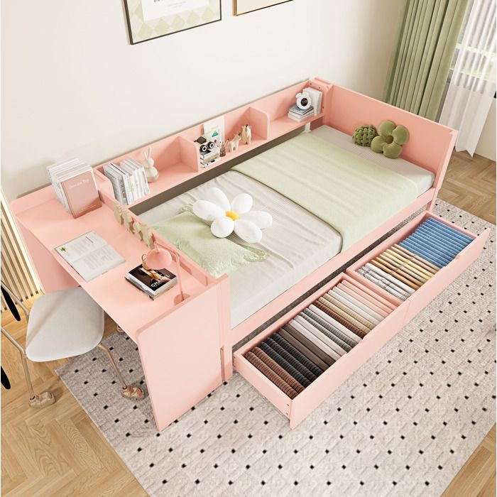 ULEVR lit combiné 90 x 200 cm rose avec bureau intégré 2 tiroirs 3 étagères sans matelas pin et panneau de particules