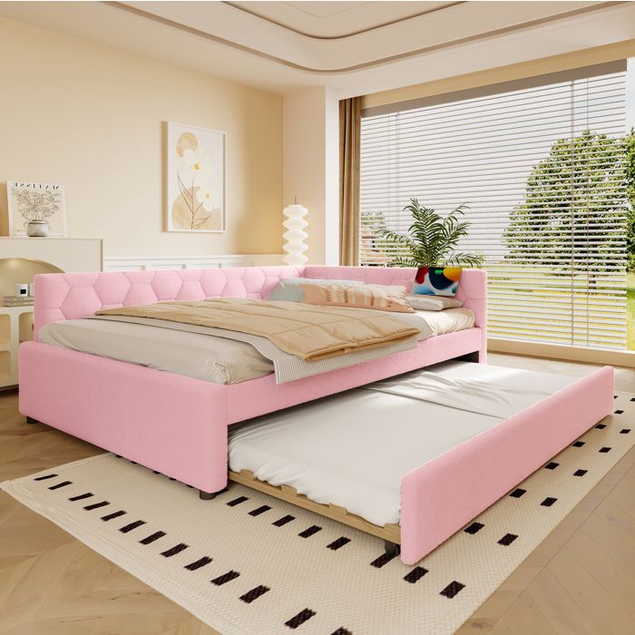 Lit gigogne 2 Places 140 × 200 cm avec USB Type-C Lampe de Chevet et Lit Coulissant Sans Matelas Rose - UVRION