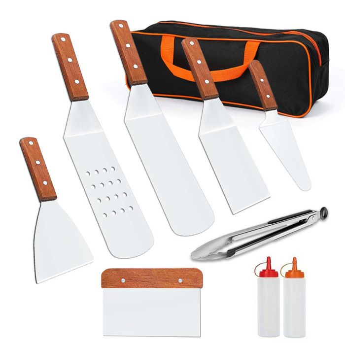Kit 9 pièces spatules plancha inox ustensiles barbecue BBQ pour plaque teppanyaki et cuisson à plat