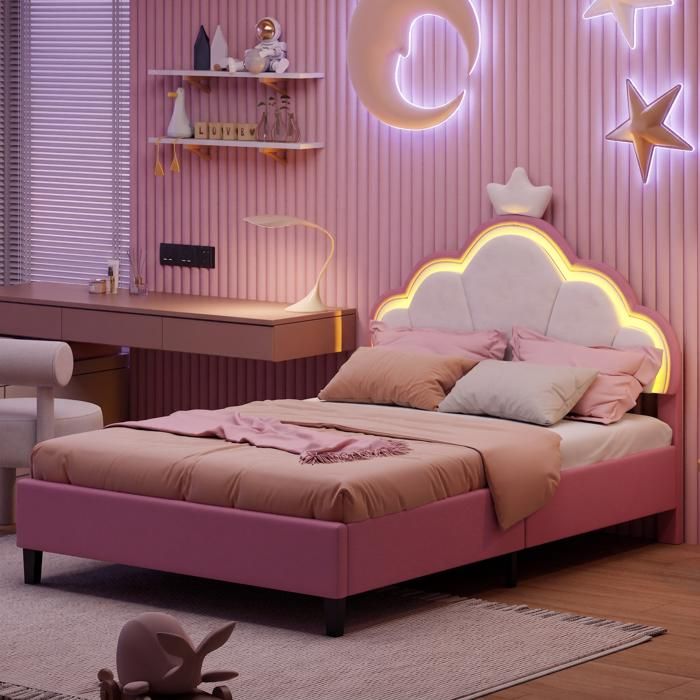 Lit capitonné enfant avec LED - Tête réglable - Base à lattes - Velours rose - Design couronne princesse