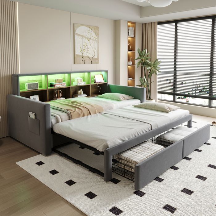 Lit rembourré extensible - Canapé-lit 90/180x190 cm - Tête de lit avec rangement intégré - Bande lumineuse LED