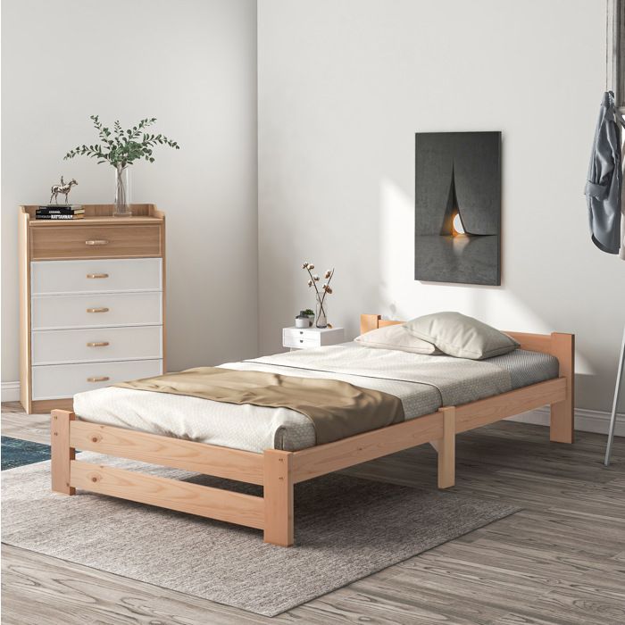 Lit en bois massif naturel 90 x 200 cm avec tête de lit et sommier à lattes montage facile Grjofek