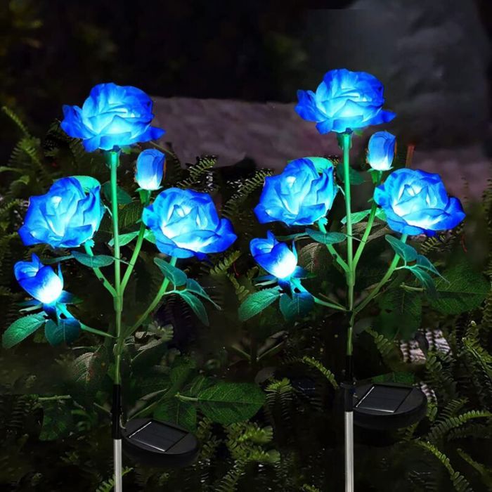 Lumières Solaires de Jardin Décoratives Extérieures 2 Pièces Lampes solaires Avec 10 fleurs de roses étanches Lumiere (bleu)65cm