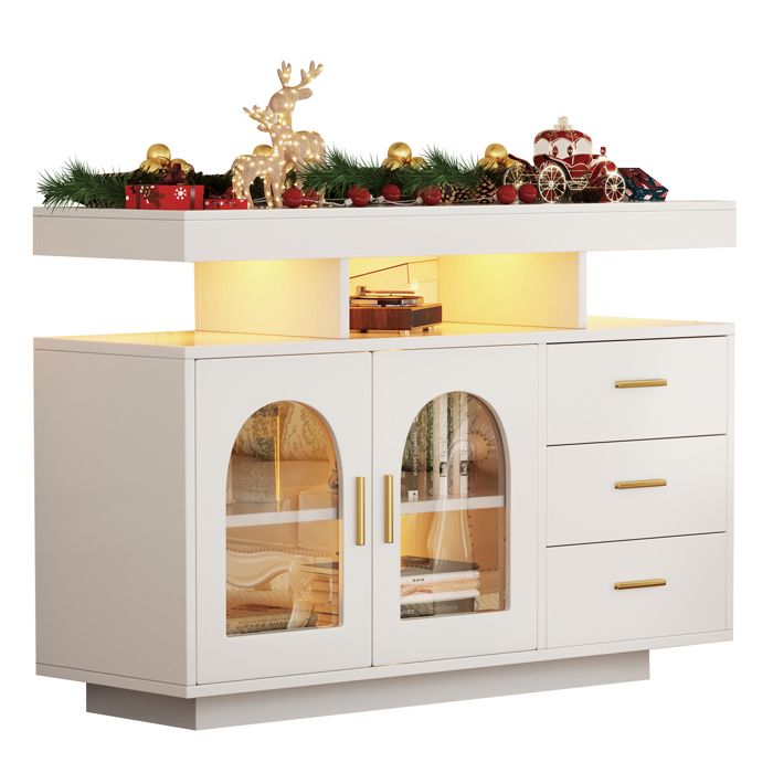 Buffet de Cuisine 2 Portes 3 Tiroirs et 4 Niches avec LED - MEUNIQ - Laqué Blanc pour Cuisine 120×40×80 cm