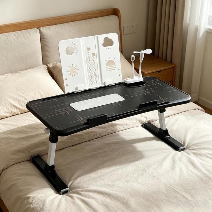 Table de Lit Réglable en Hauteur avec Tiroir Ports USB Support PC et Tablette pour Lire Travailler et Manger au Lit 60 × 40cm